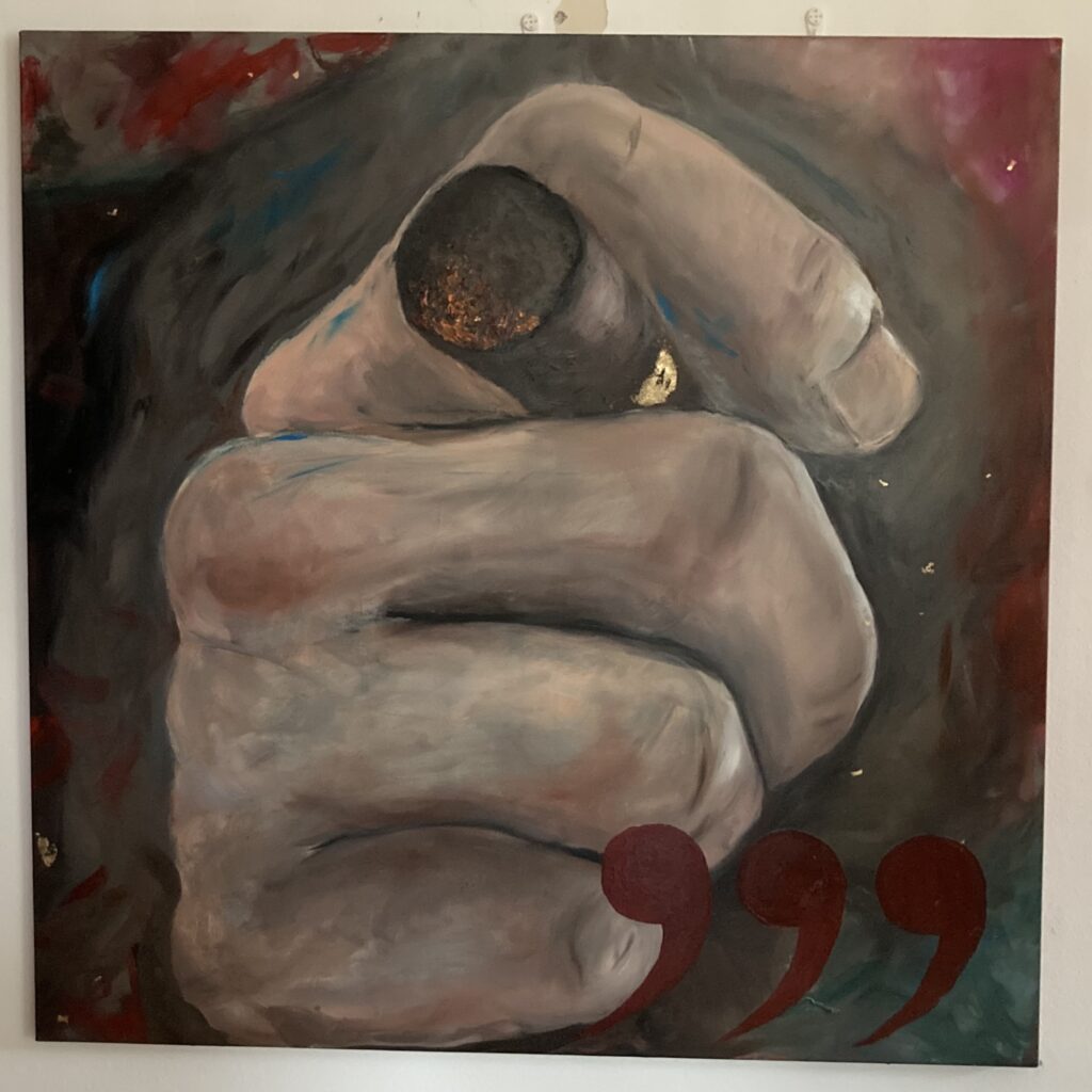 A clenched hand, a cigar, and the numerical punctuation of excess combine to produce a recognizable image of administrative certainty. The work examines authority not as competence, but as visual pressure.